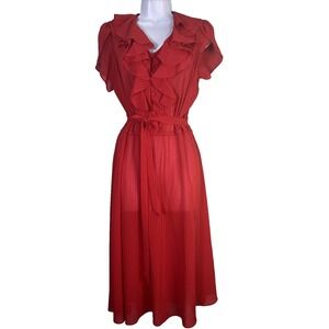 Jonathan Martin Womens Vtg Belted Flare Dress Sz 13-14 Red Chiffon Ruffle 70s